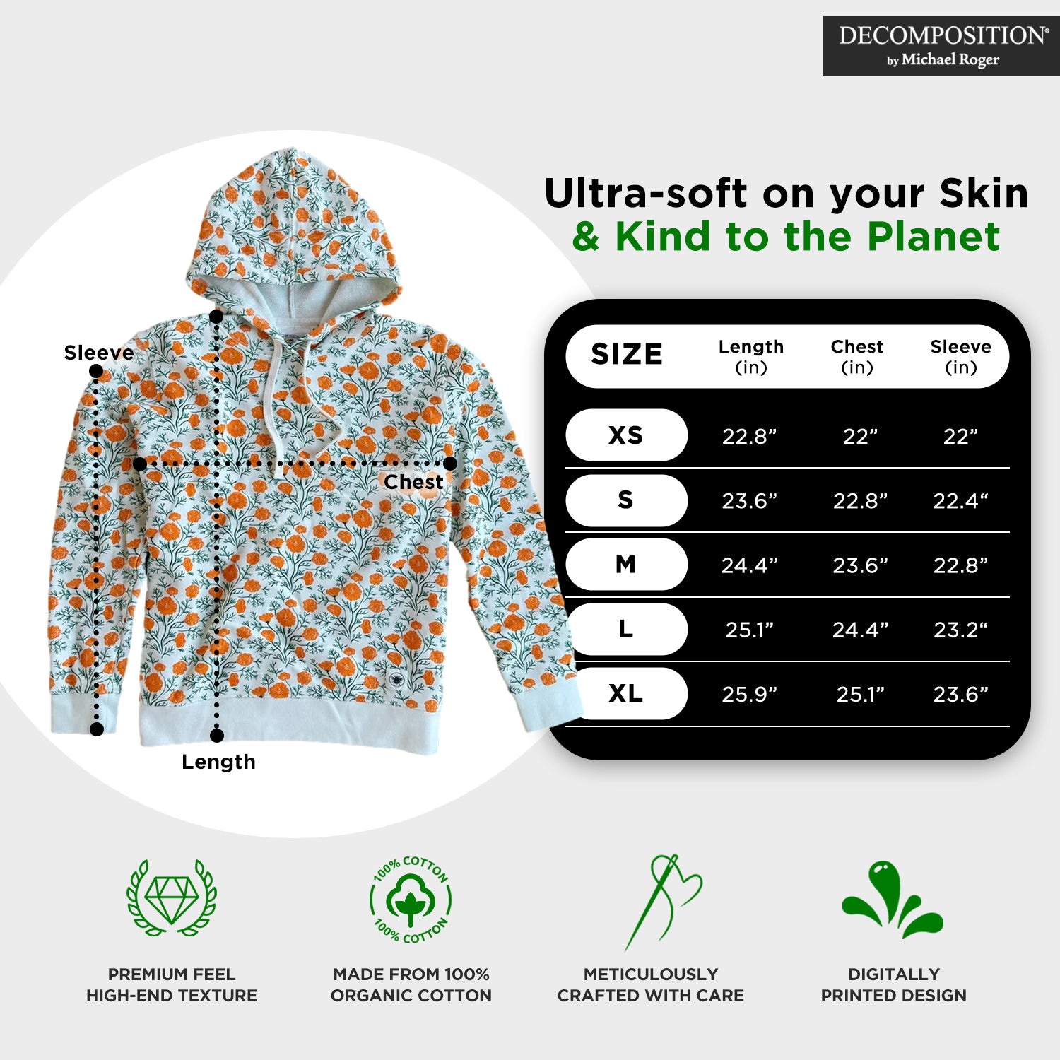 Floral-patterned hoodie with size chart and sustainability features on a white background