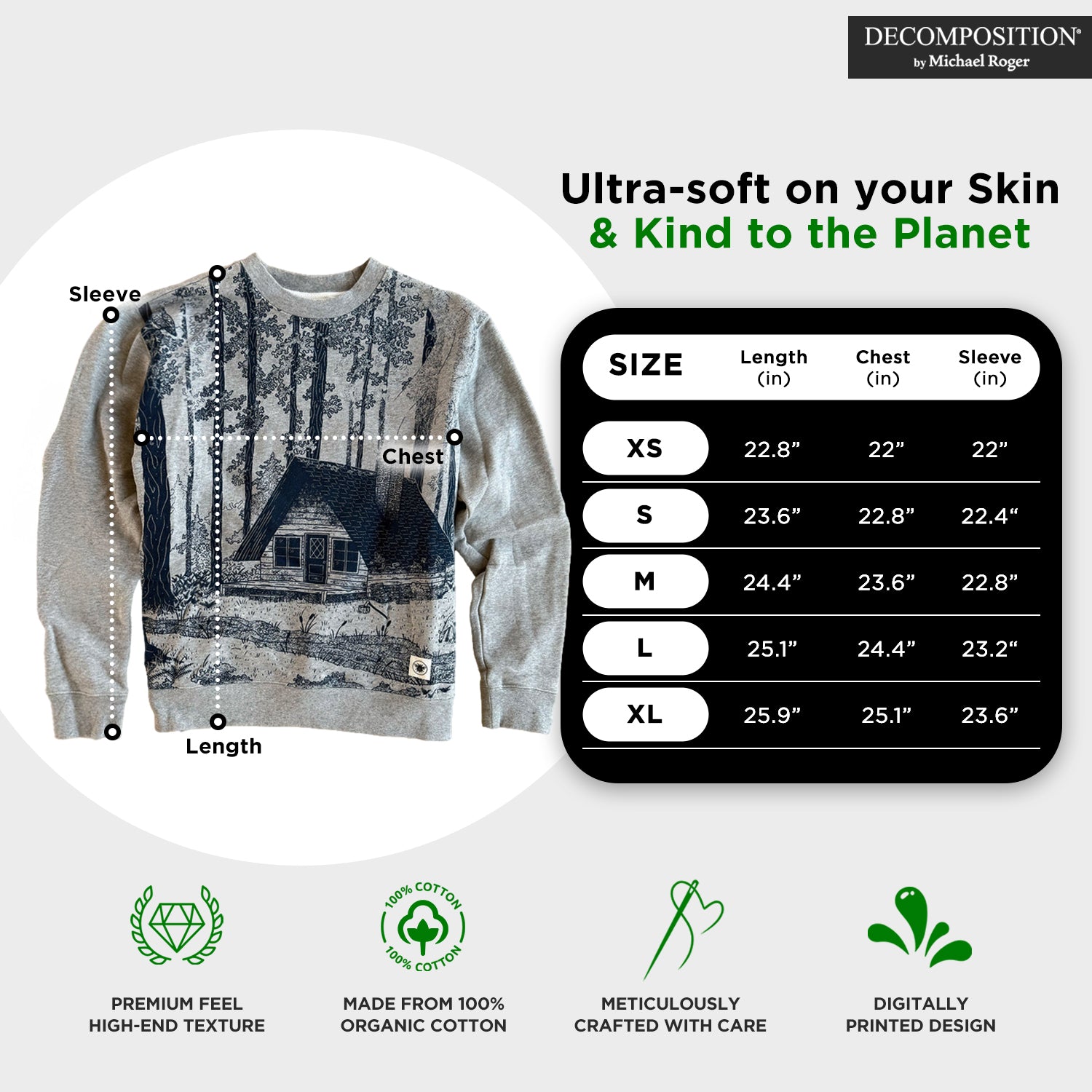 Sweatshirt with size chart and sustainability features on a white background