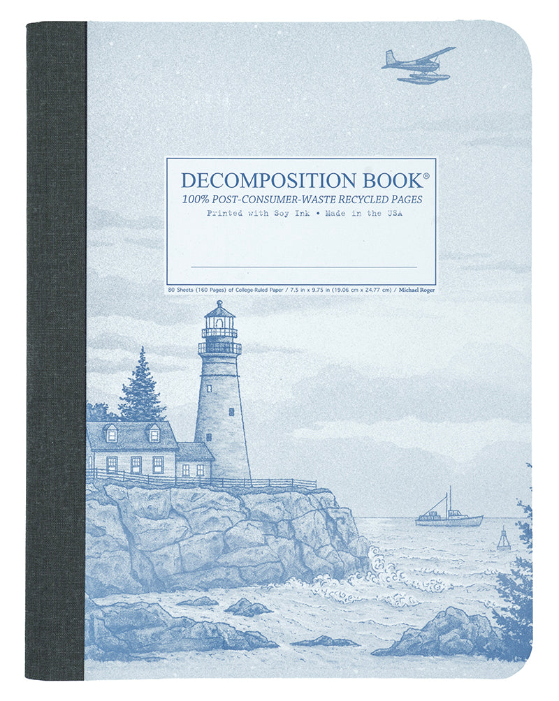 Notebook with lighthouse design on the cover, featuring the brand 'Decomposition Book'.
