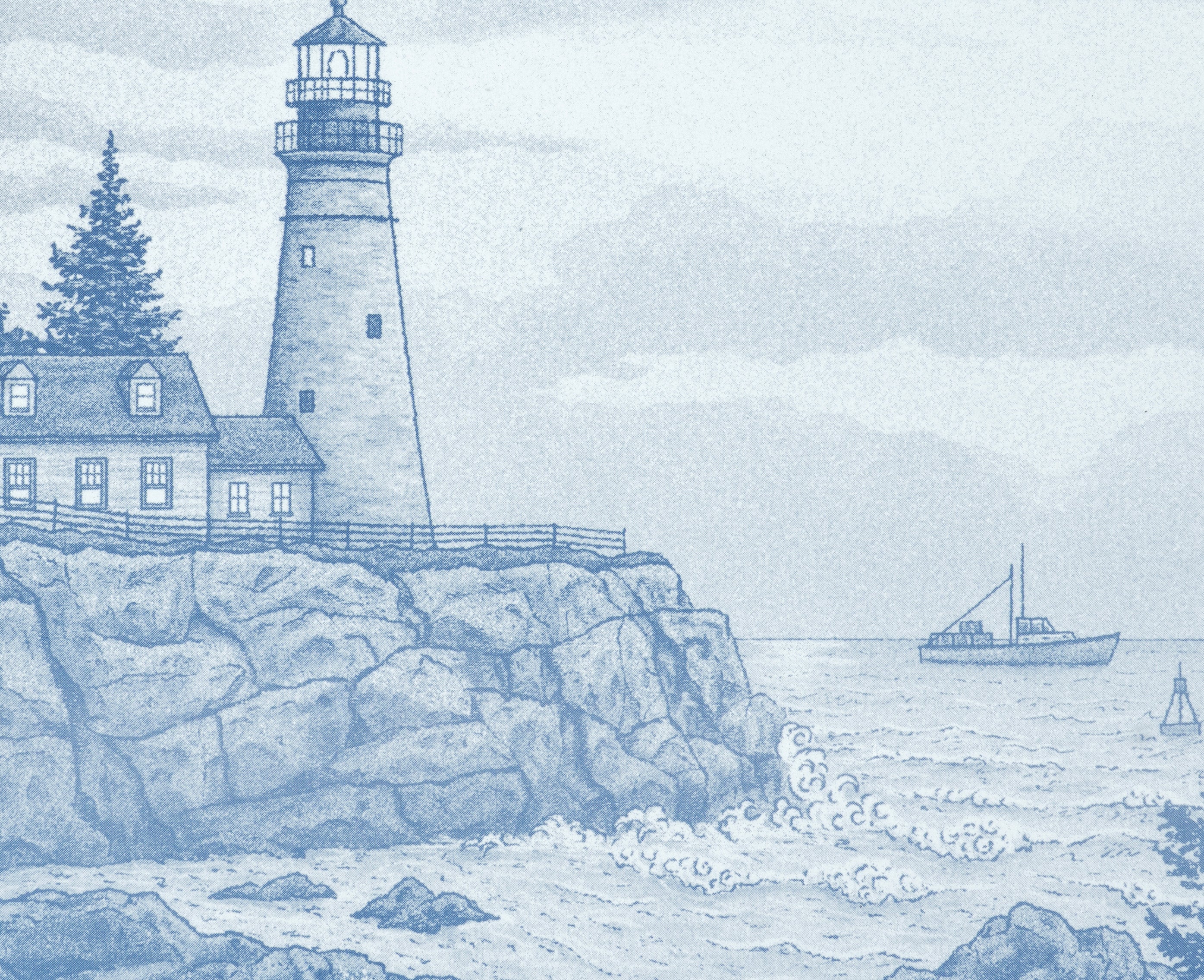 Lighthouse on a rocky outcrop with a boat in the background