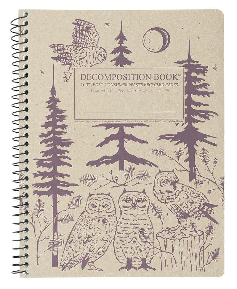 Notebook with owl and tree design on a grey background