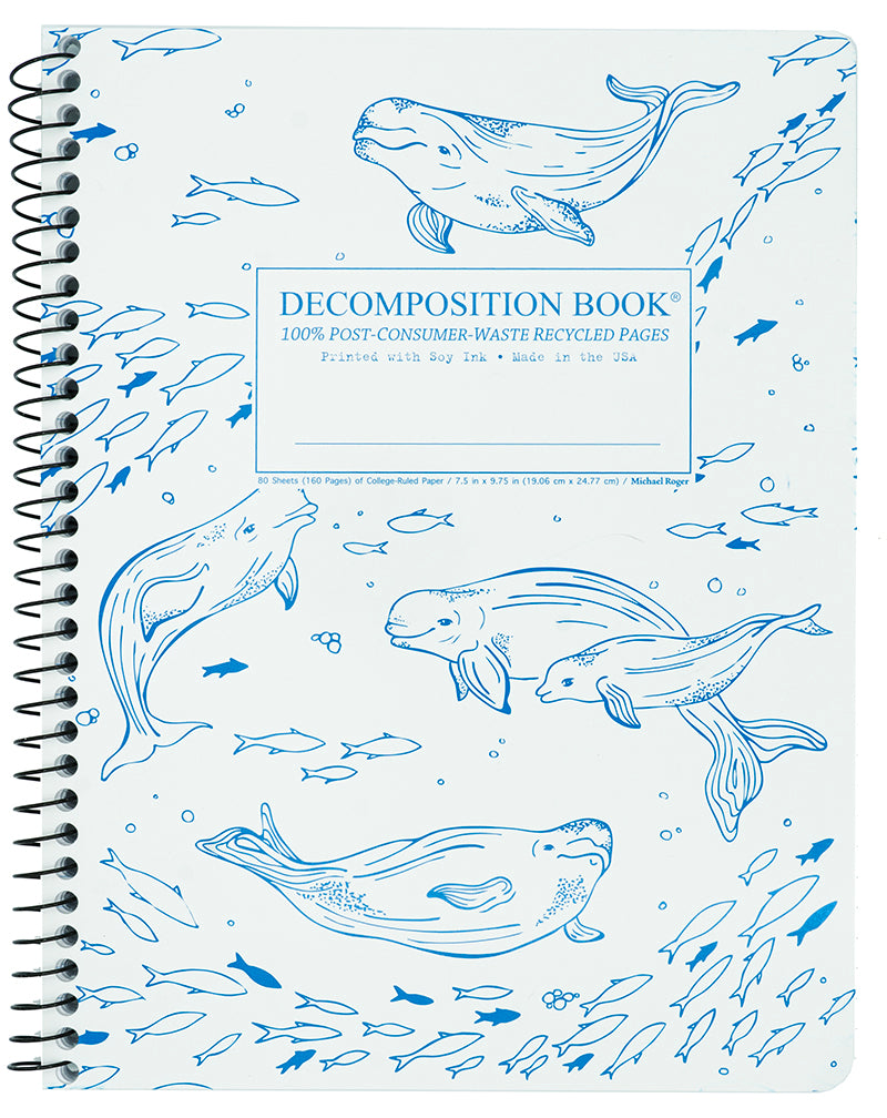 Notebook with whale illustrations on a white background