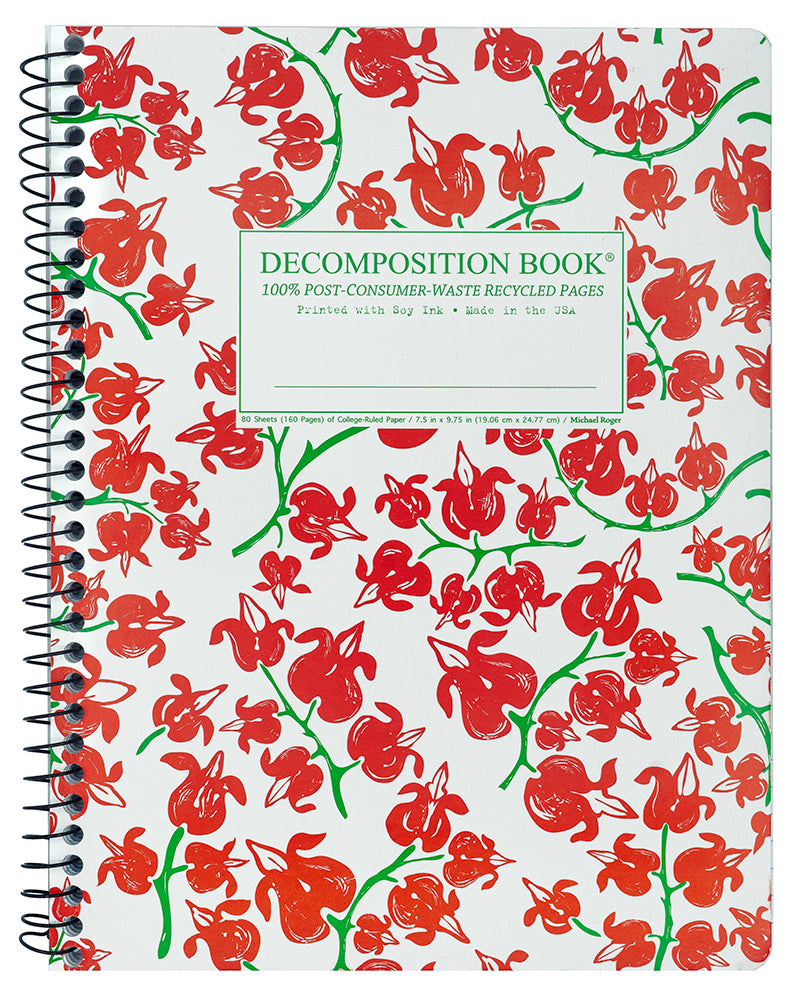 Notebook with red floral pattern on a white background
