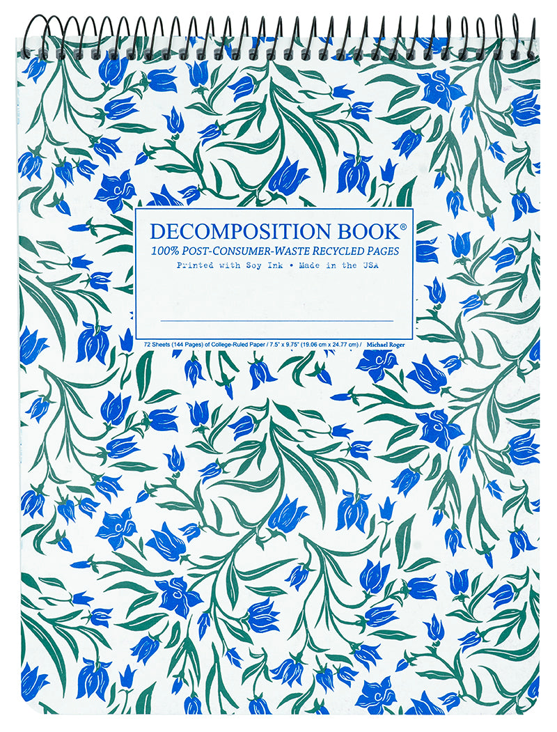 Notebook with blue floral pattern on white background