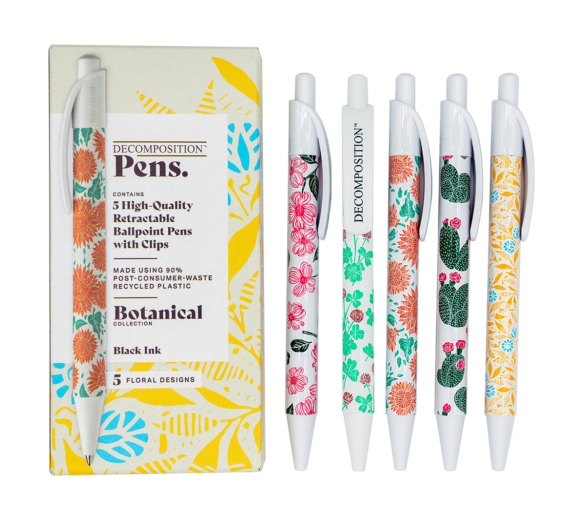 A set of retractable pens with floral patterns, displayed alongside their packaging which also has floral designs.