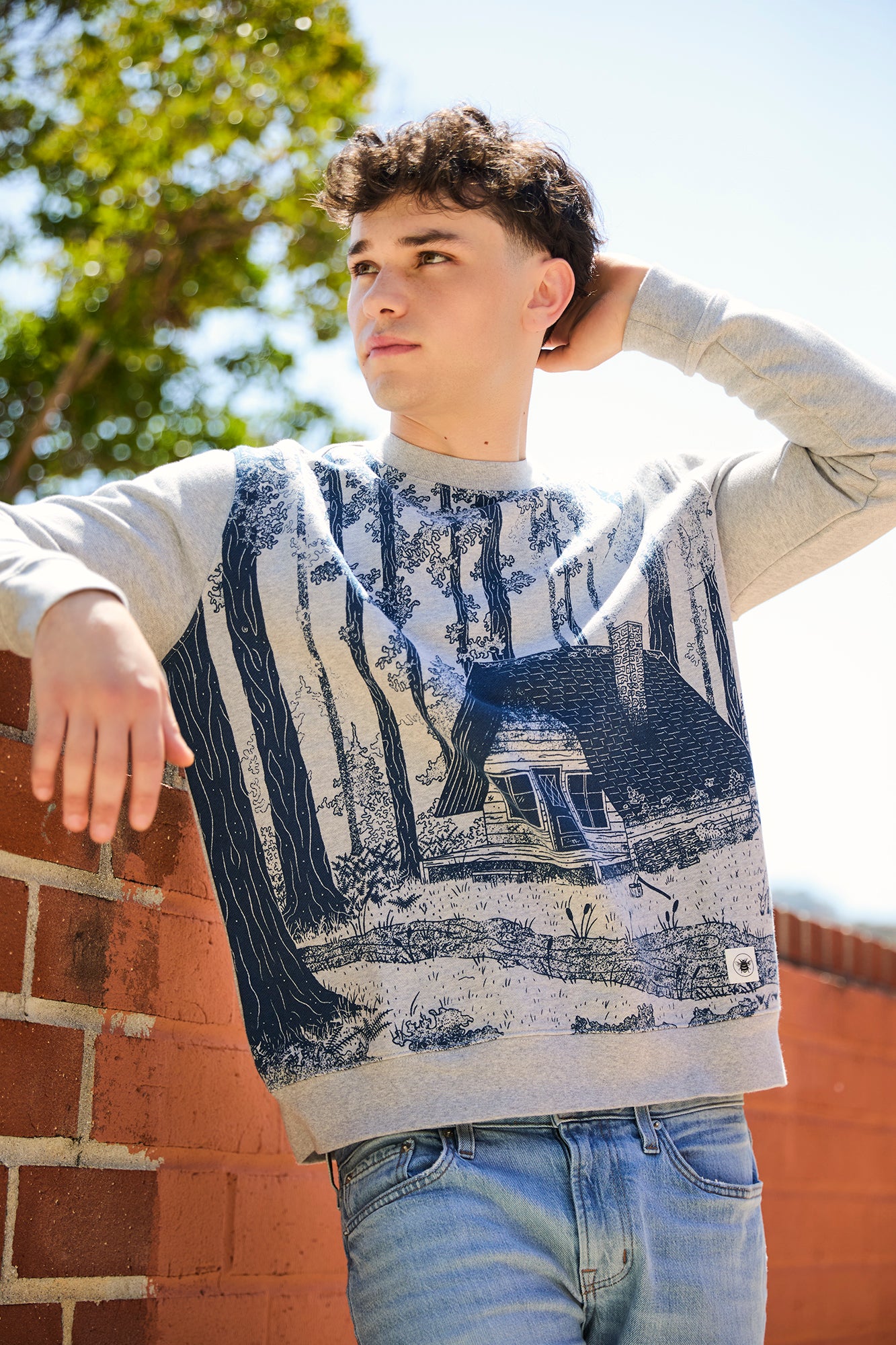 A male model wearing a long-sleeved crewneck sweatshirt with a mountainous landscape print, predominantly in gray and white tones, standing against a brick wall with trees in the background.