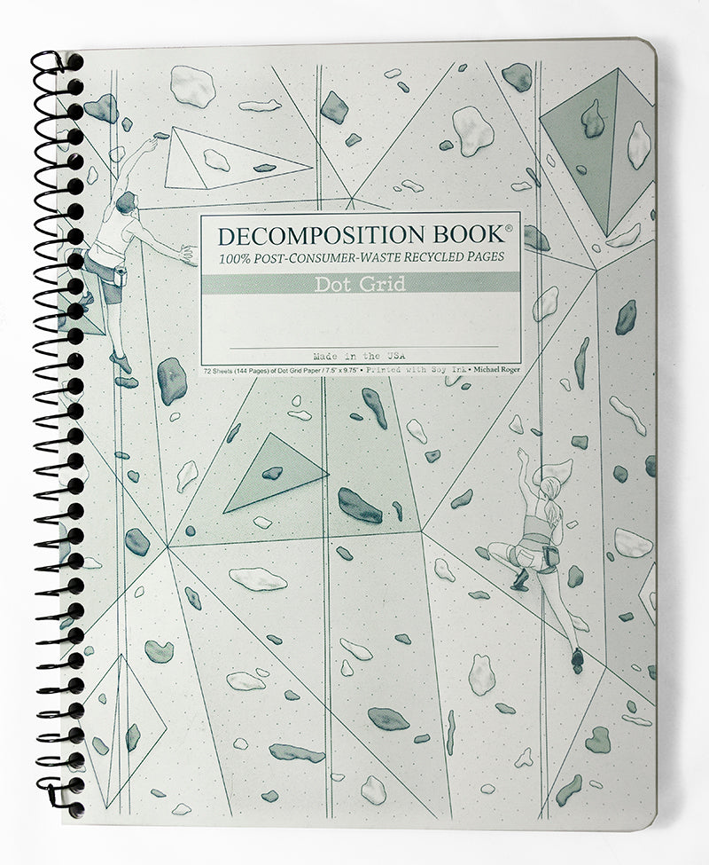 Spiral notebook printed with athletes on a gym climbing wall in green