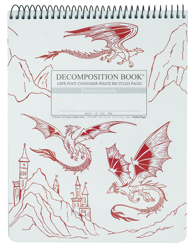 Notebook with dragon illustrations on a white background