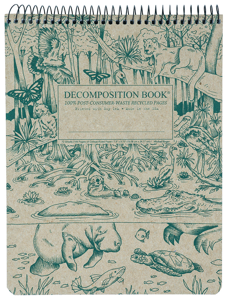 Notebook with a nature-themed design on the cover, featuring animals and plants.