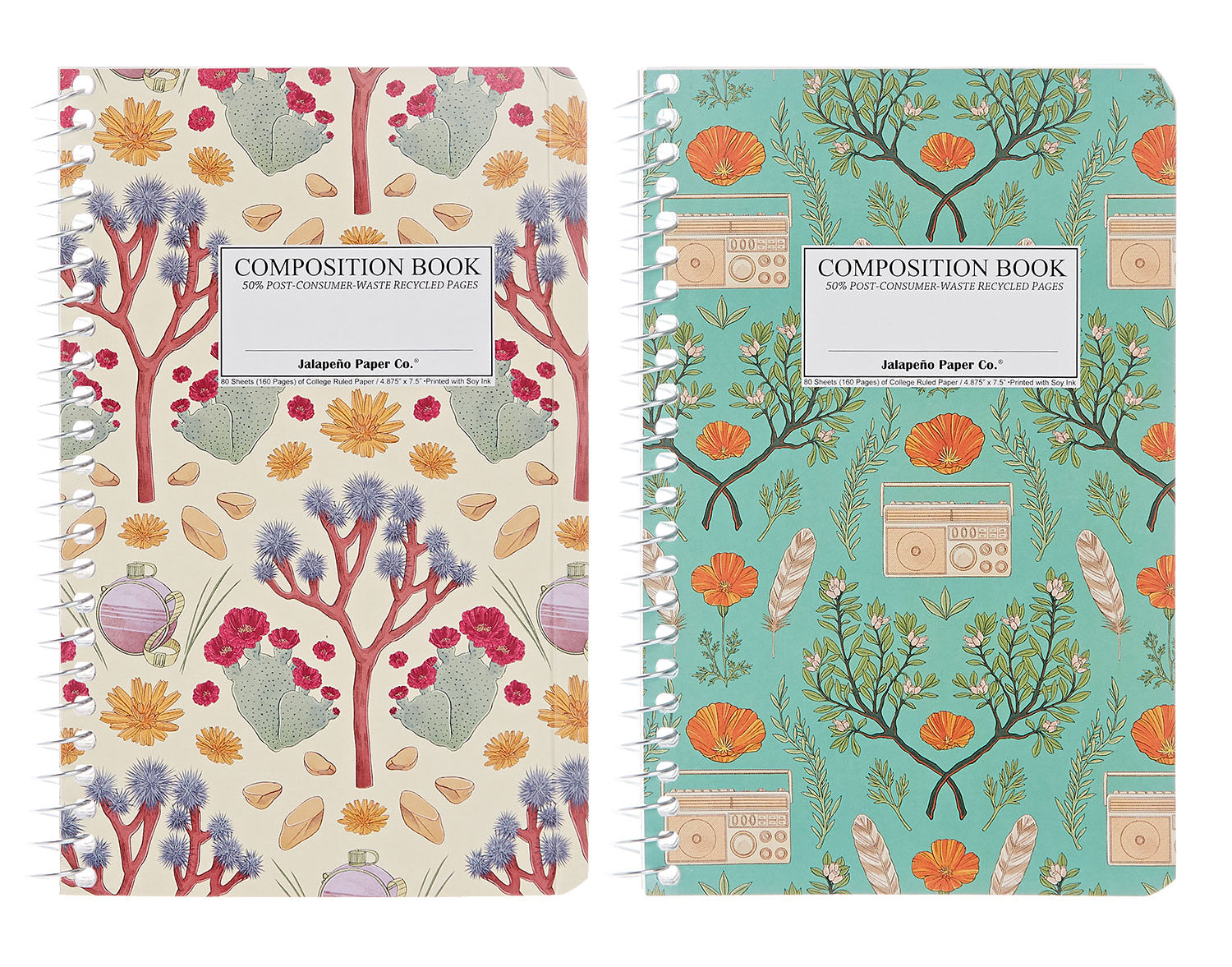 Two spiral notebooks printed with nature scenes in tan and green