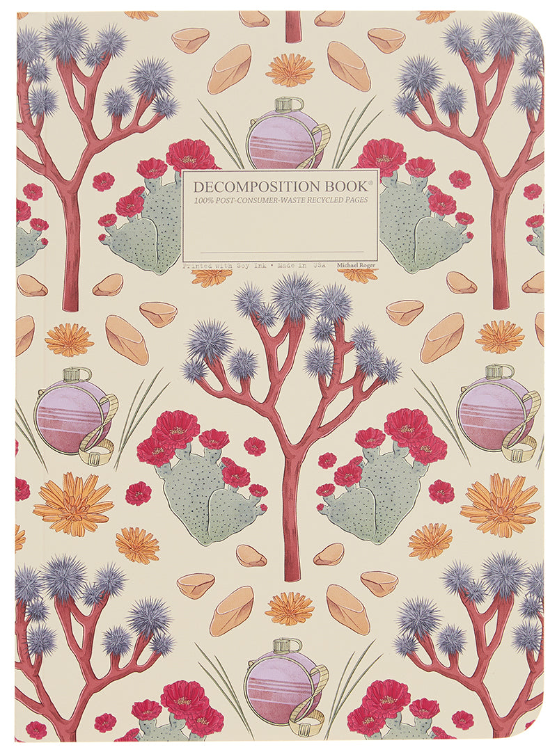 A decomposition book with a beige cover, featuring colorful illustrations of trees, flowers, and a canteen.