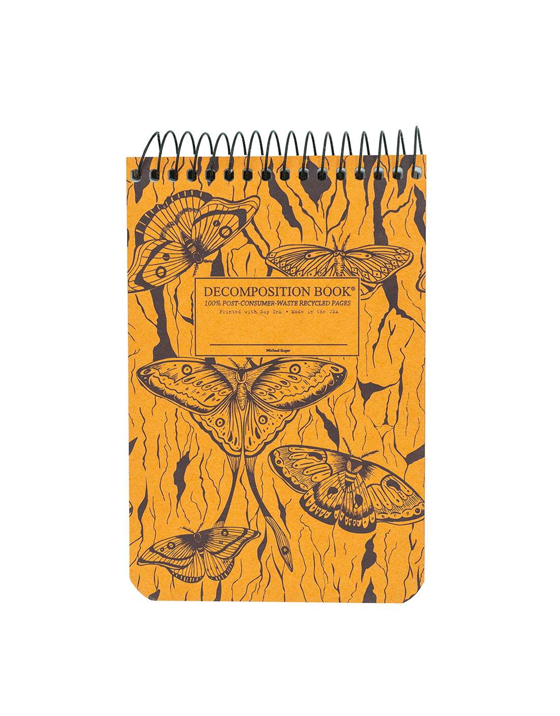 Small topbound spiral notebook featuring a moths theme in dark blue on yellow