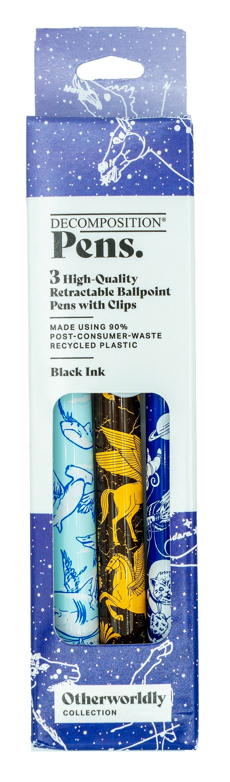 Packaging of Decomposition Pens with flying sharks, pegasus, and kittens in space, designs on a white background