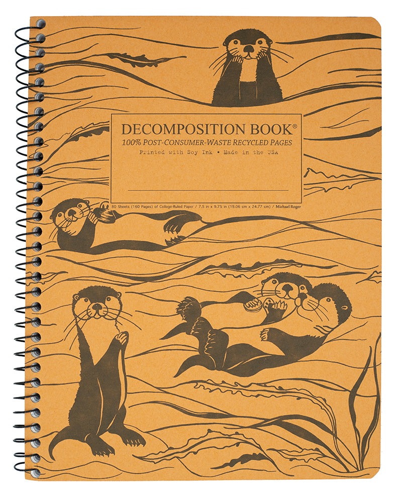 Notebook with otter illustrations on a brown background