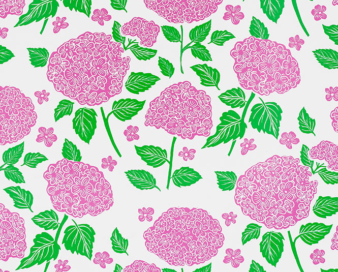 Pattern of pink flowers and green leaves on a white background