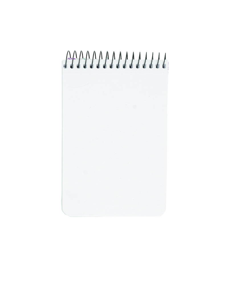 White pages on a pocket sized notebook with black spiral binding on a white background