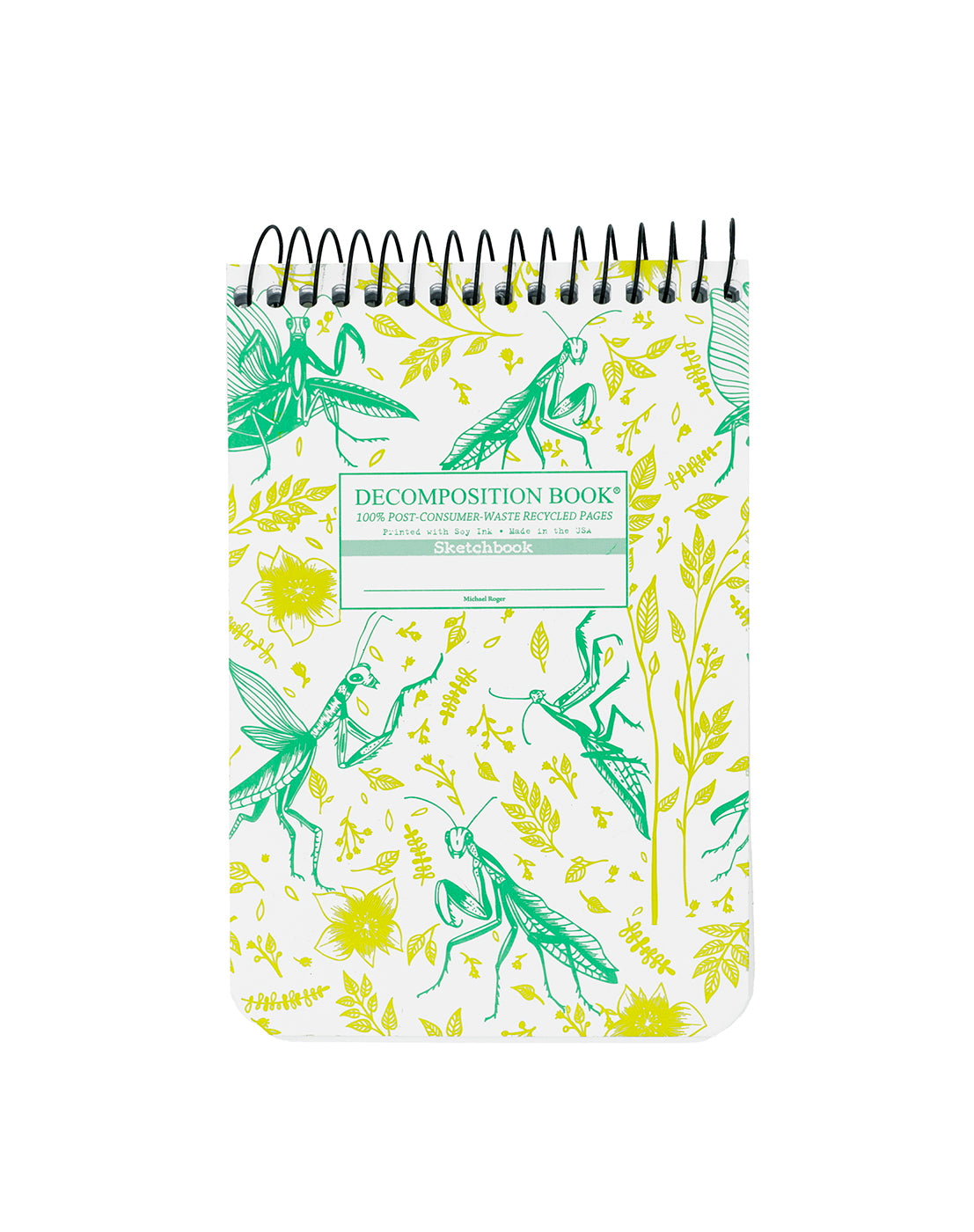 Topbound spiral notebook with praying mantis theme in green and yellow