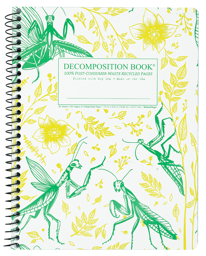 Notebook with green and yellow praying mantis design on a white background