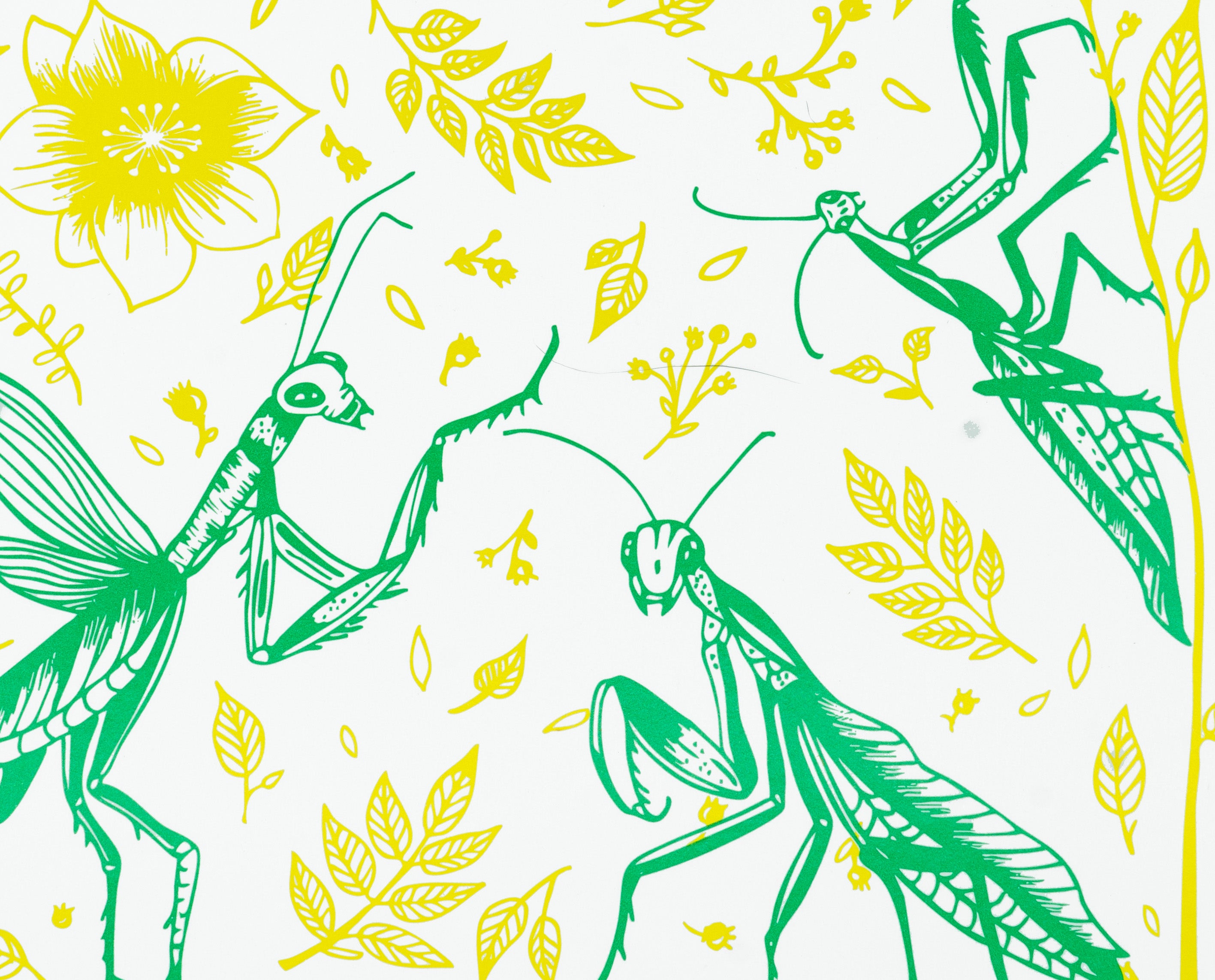 Pattern of green praying mantises and yellow flowers on a white background