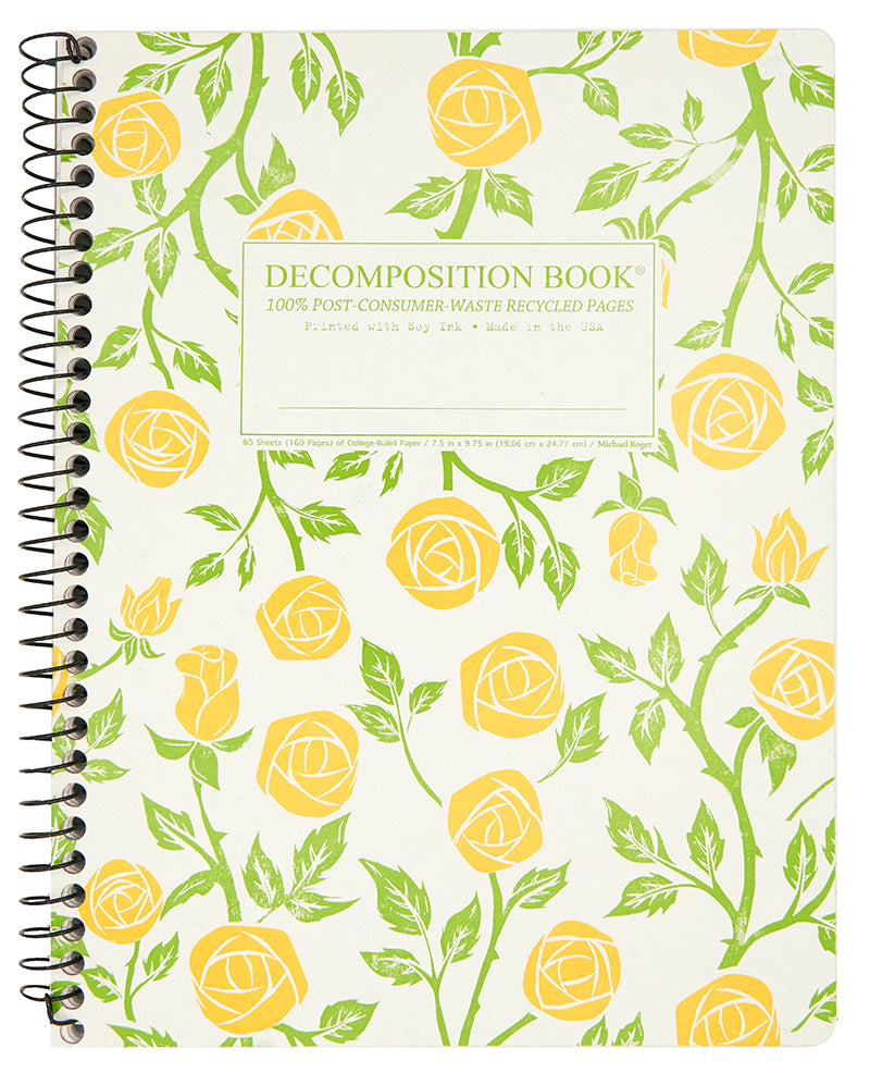 Spiral notebook printed with yellow roses and green vines