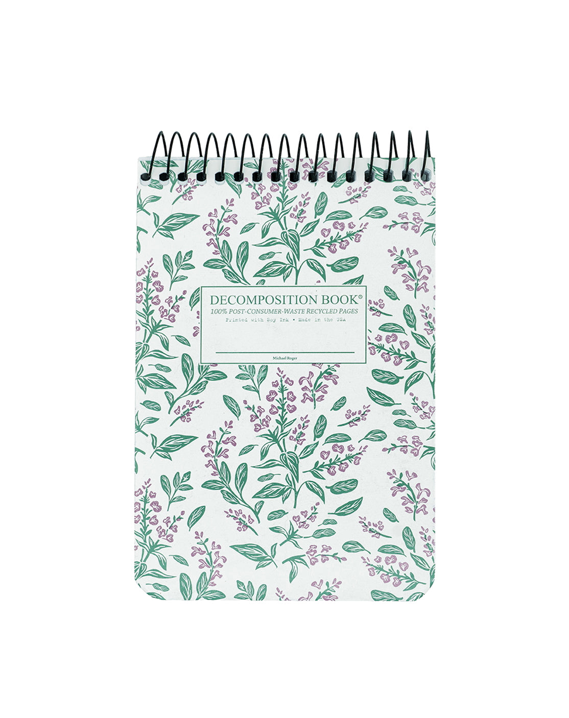 Small topbound spiral notebook with a green and purple sage theme