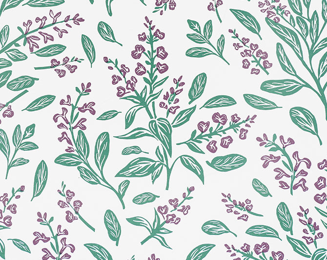 Pattern of green and purple leaves and flowers on a light background