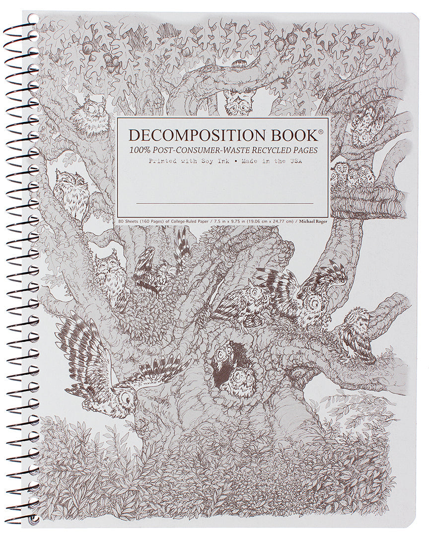 Spiral notebook printed with owls in a large tree