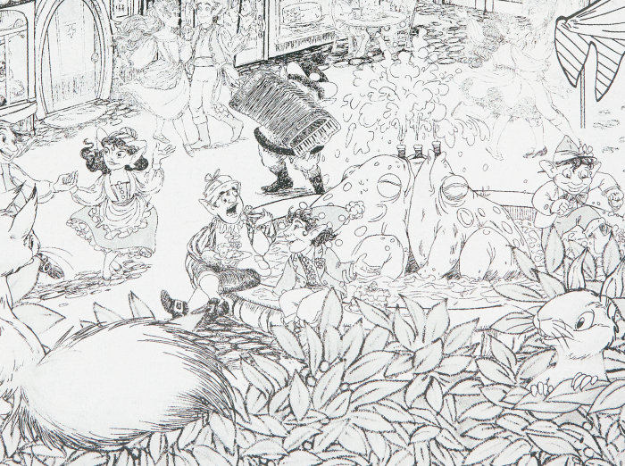 Black and white illustration of a chaotic scene with various characters and objects.