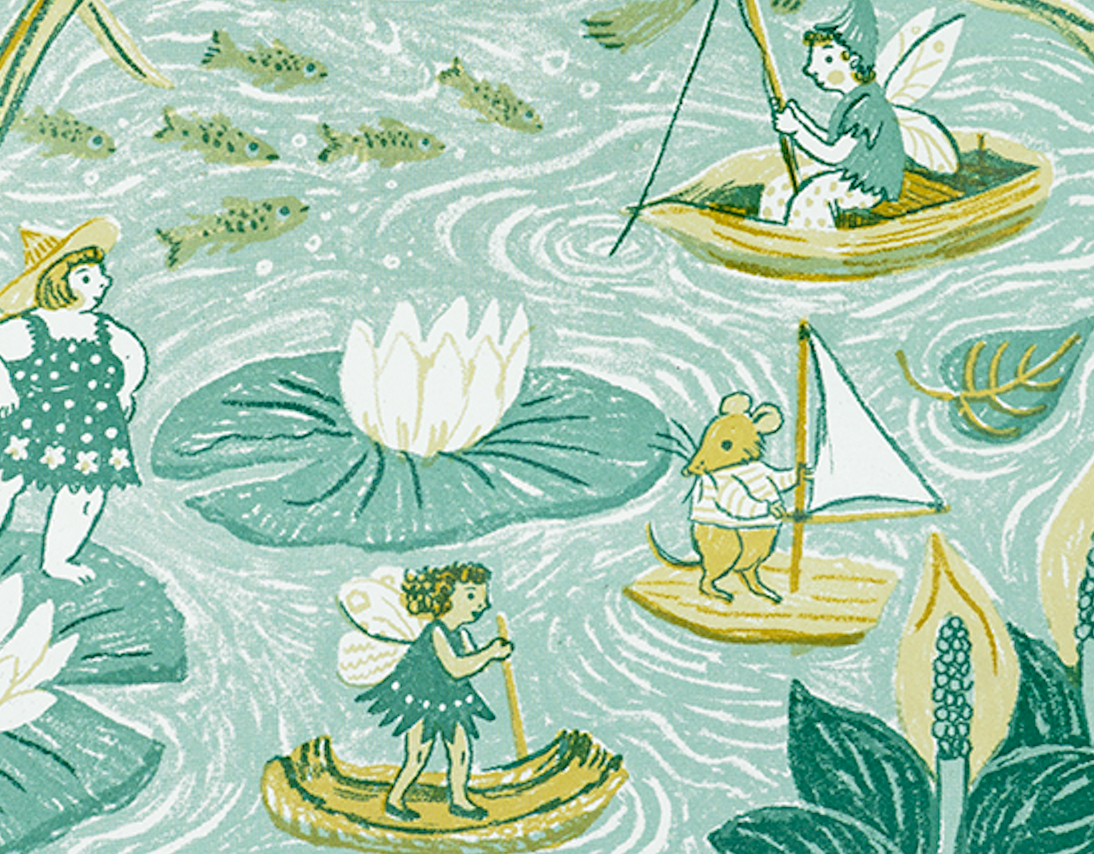A repeating illustrated pattern featuring fairies in small boats on a water surface with lily pads, fish, and a mouse in a sailboat. The design uses muted green, pale aqua, cream, and mustard tones.