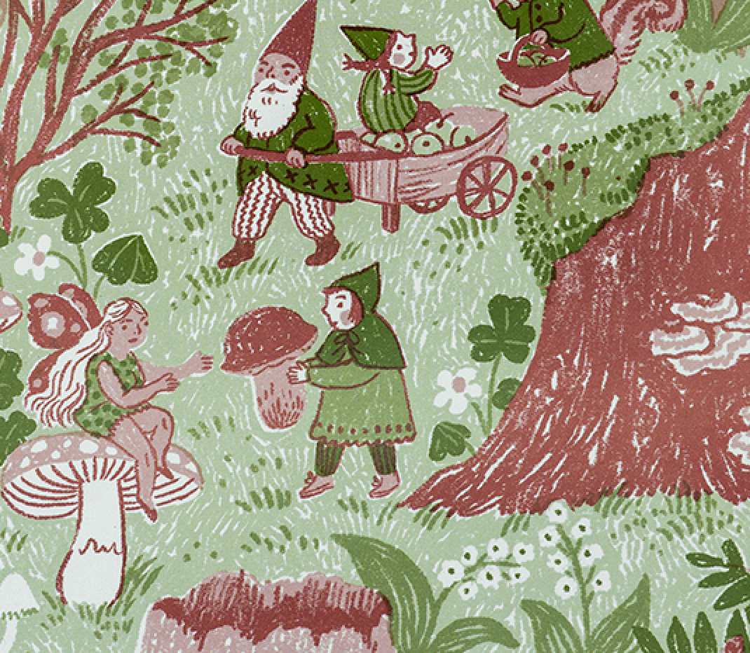 A close-up of a whimsical folk-art style print featuring garden gnomes, mushrooms, a tree trunk, and small figures in a grassy woodland scene. The color palette is dominated by a light sage green background with muted dusty red and olive green illustrations.