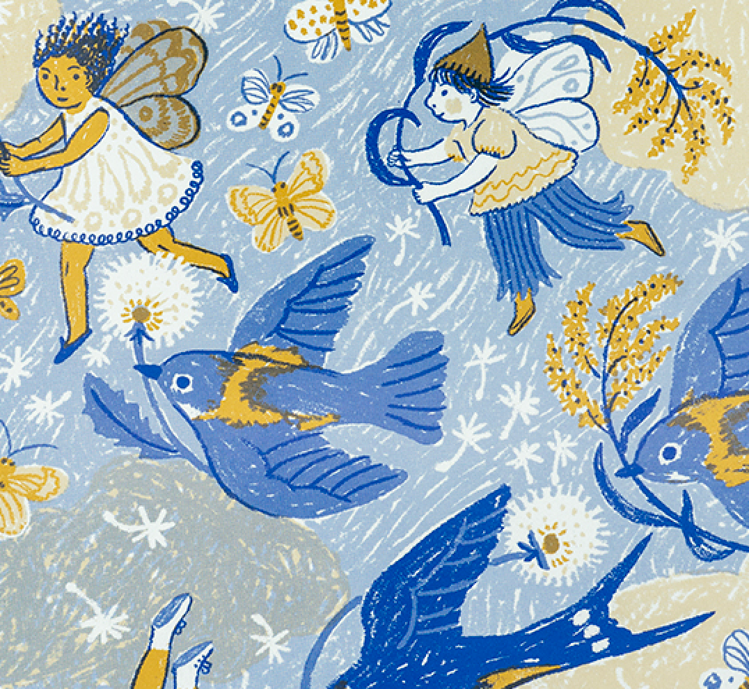 A repeating illustrated pattern featuring blue birds, white flowers, butterflies, and two fairy figures in white and blue dresses on a pale blue background.