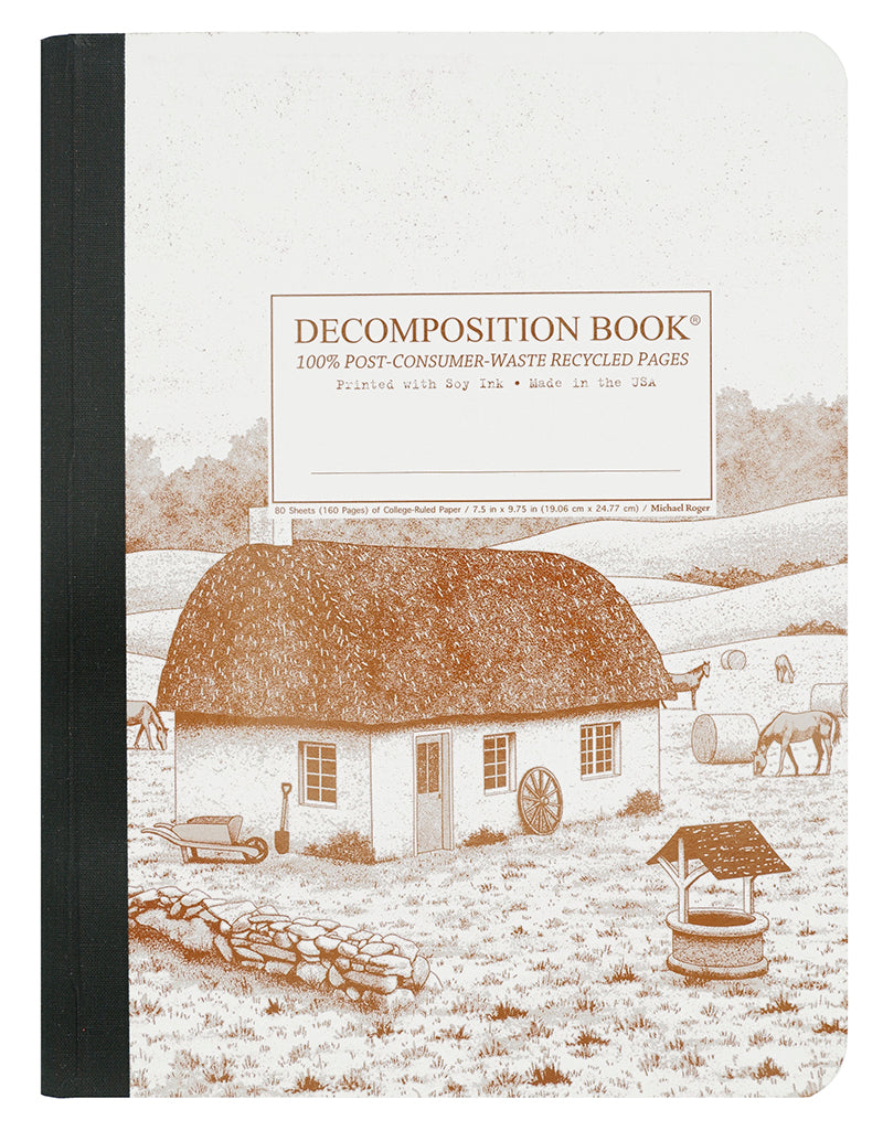 Composition notebook printed with a country farmhouse scene in brown