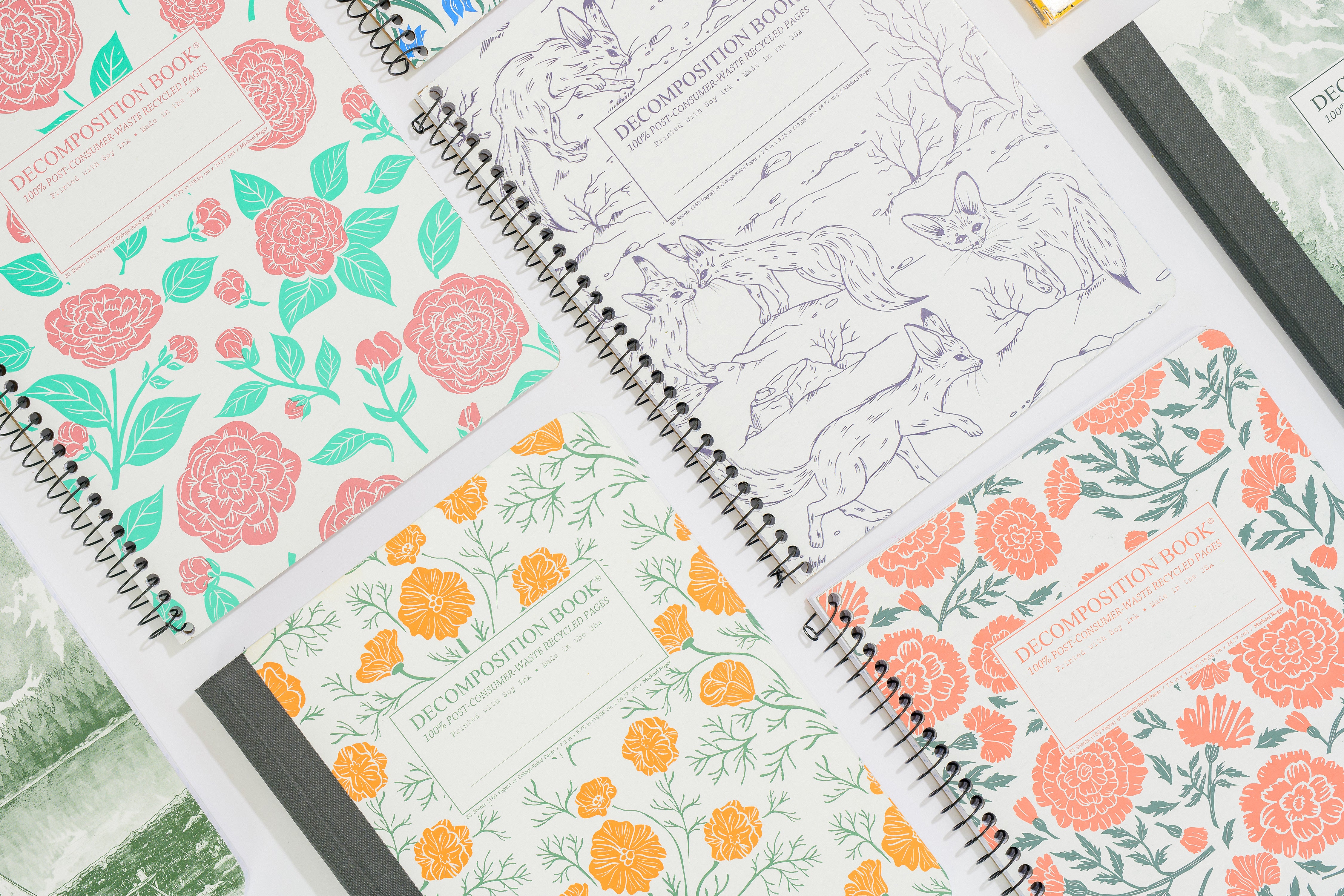 different decomposition books laid out in a pattern