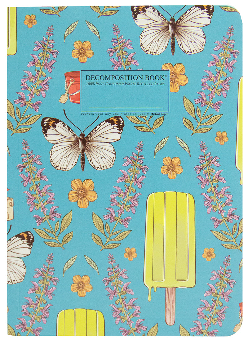 Notebook printed with butterflies and popsicles on a blue background