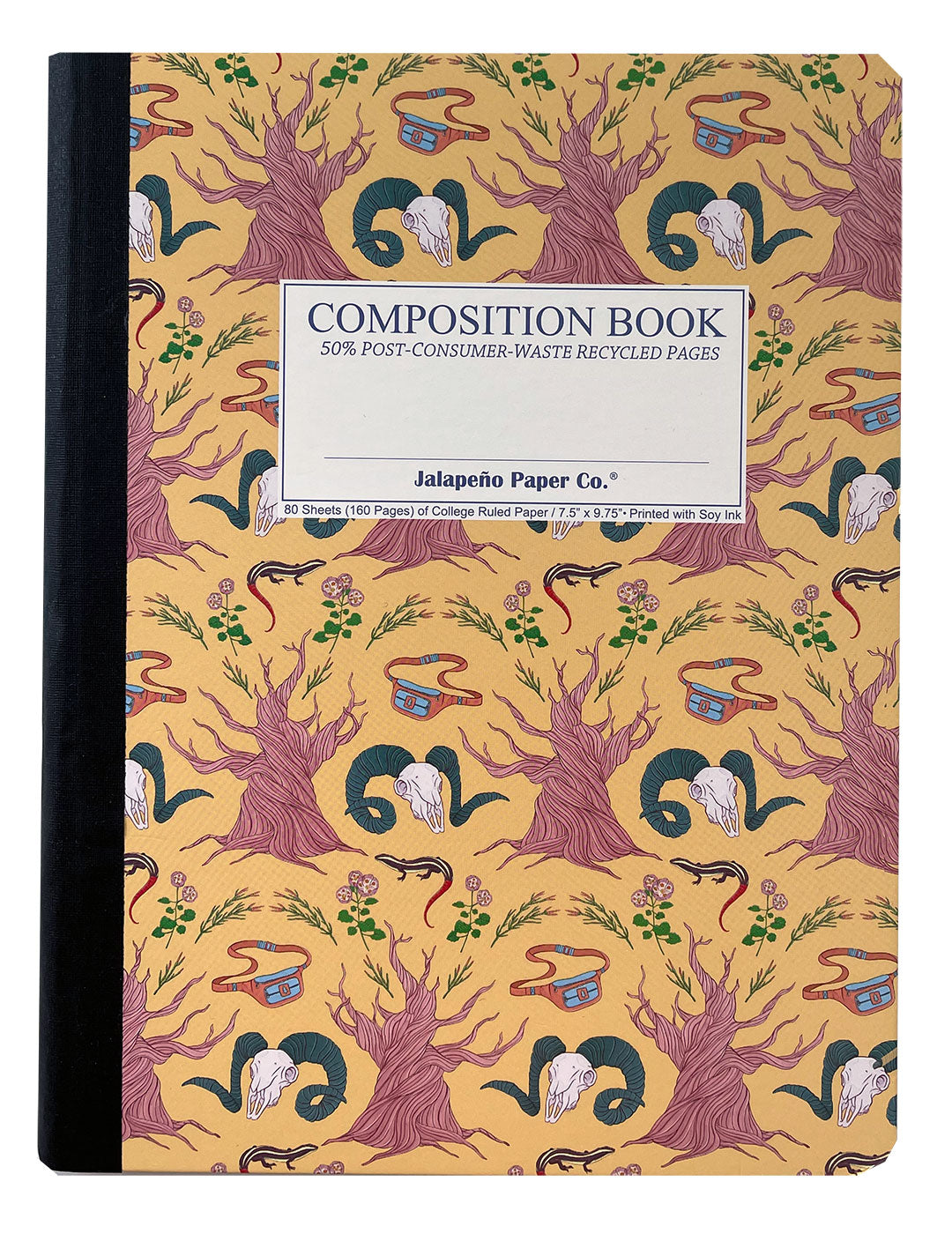 Composition notebook printed with a gnarled tree and an animal skull