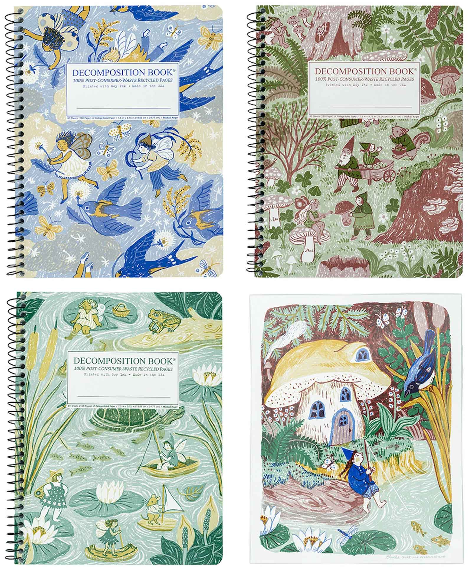Four spiral-bound coloring books arranged in a 2x2 grid, each with a different whimsical illustrated cover design. The covers feature blue birds, woodland woodland scenes, water lily boats, and a mushroom house with a blue figure.