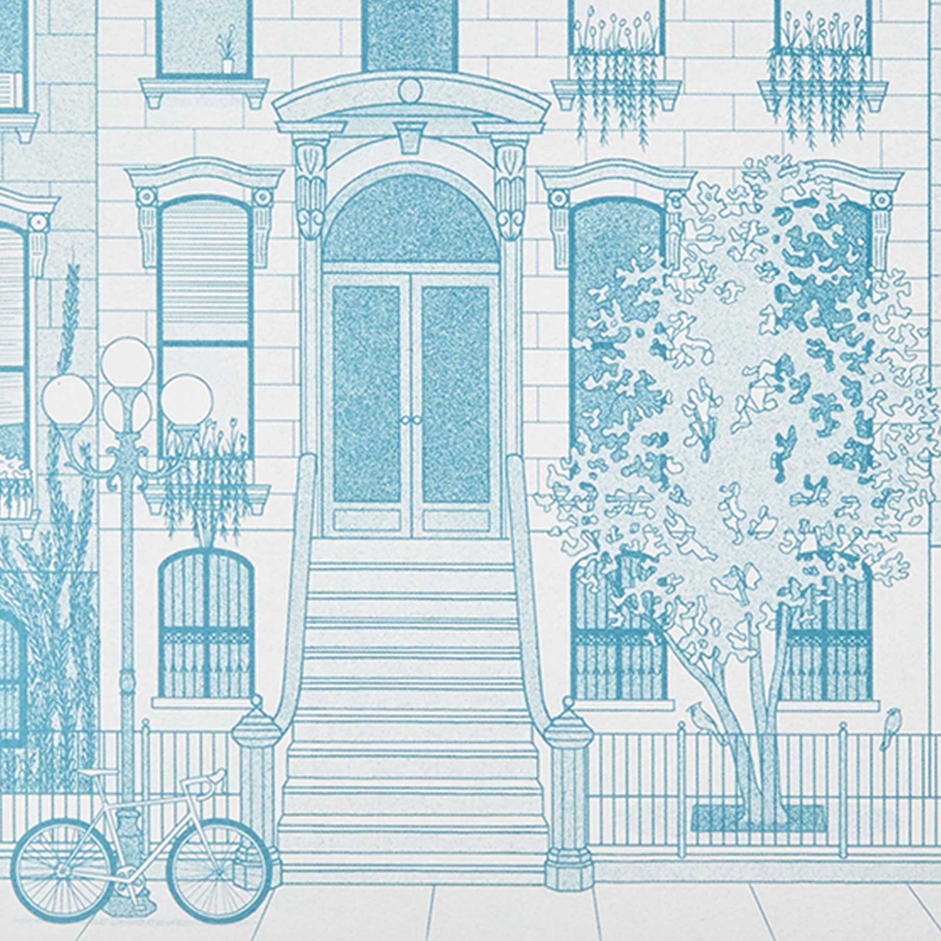 Closeup of an urban residential streetscape in blue