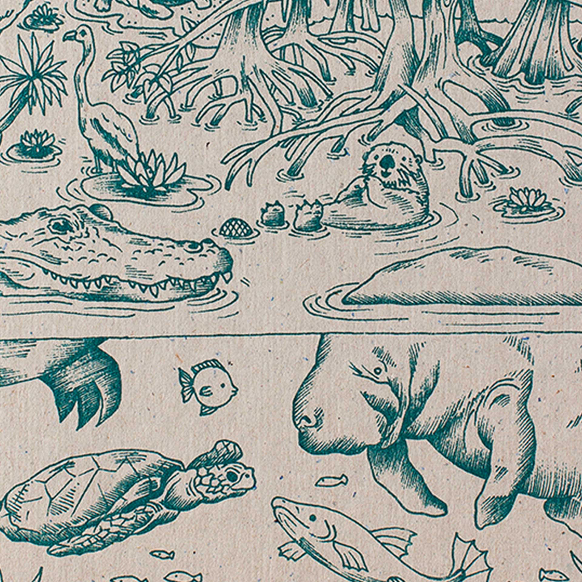 Closeup of green printed animals on grey background