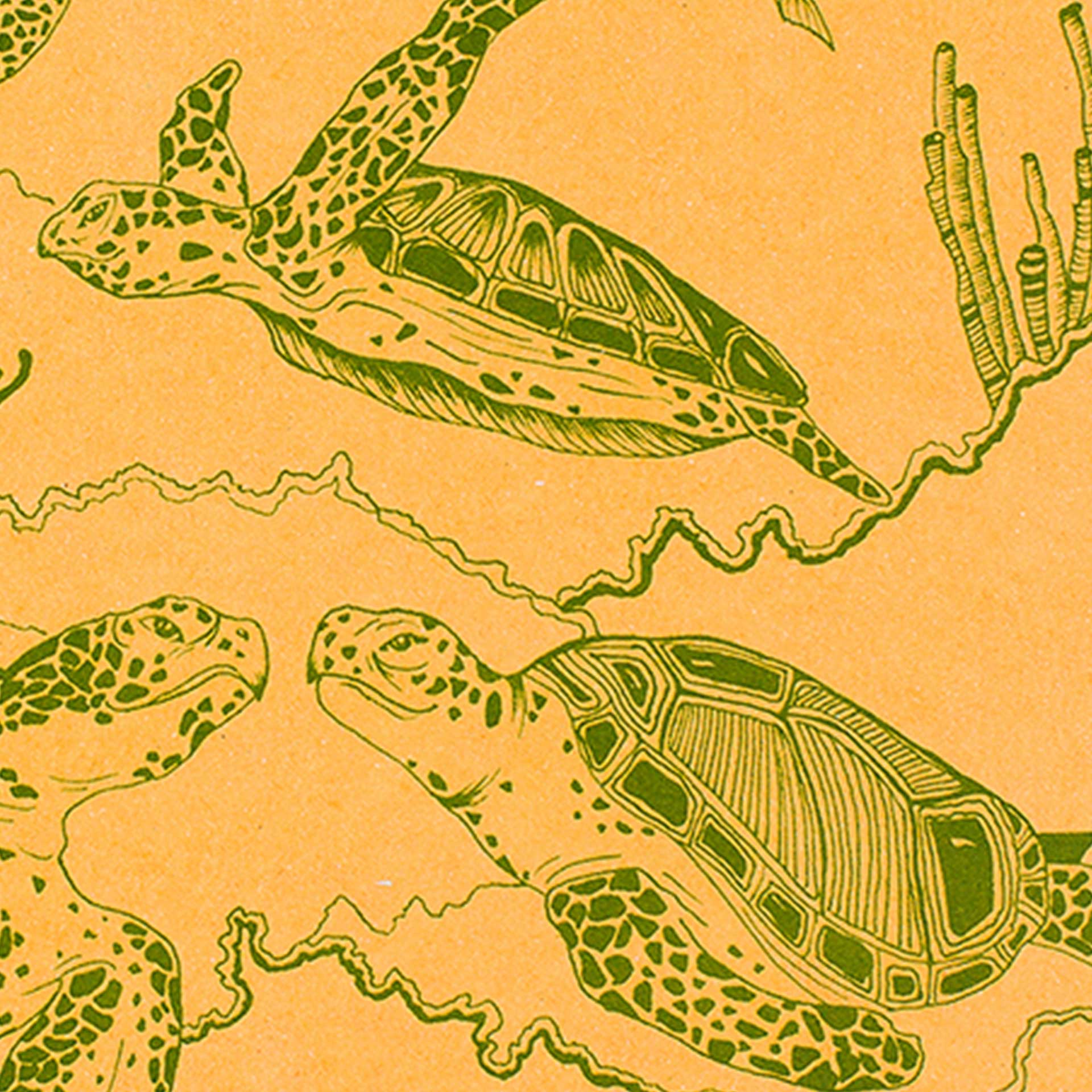 Closeup of green turtles printed on yellow