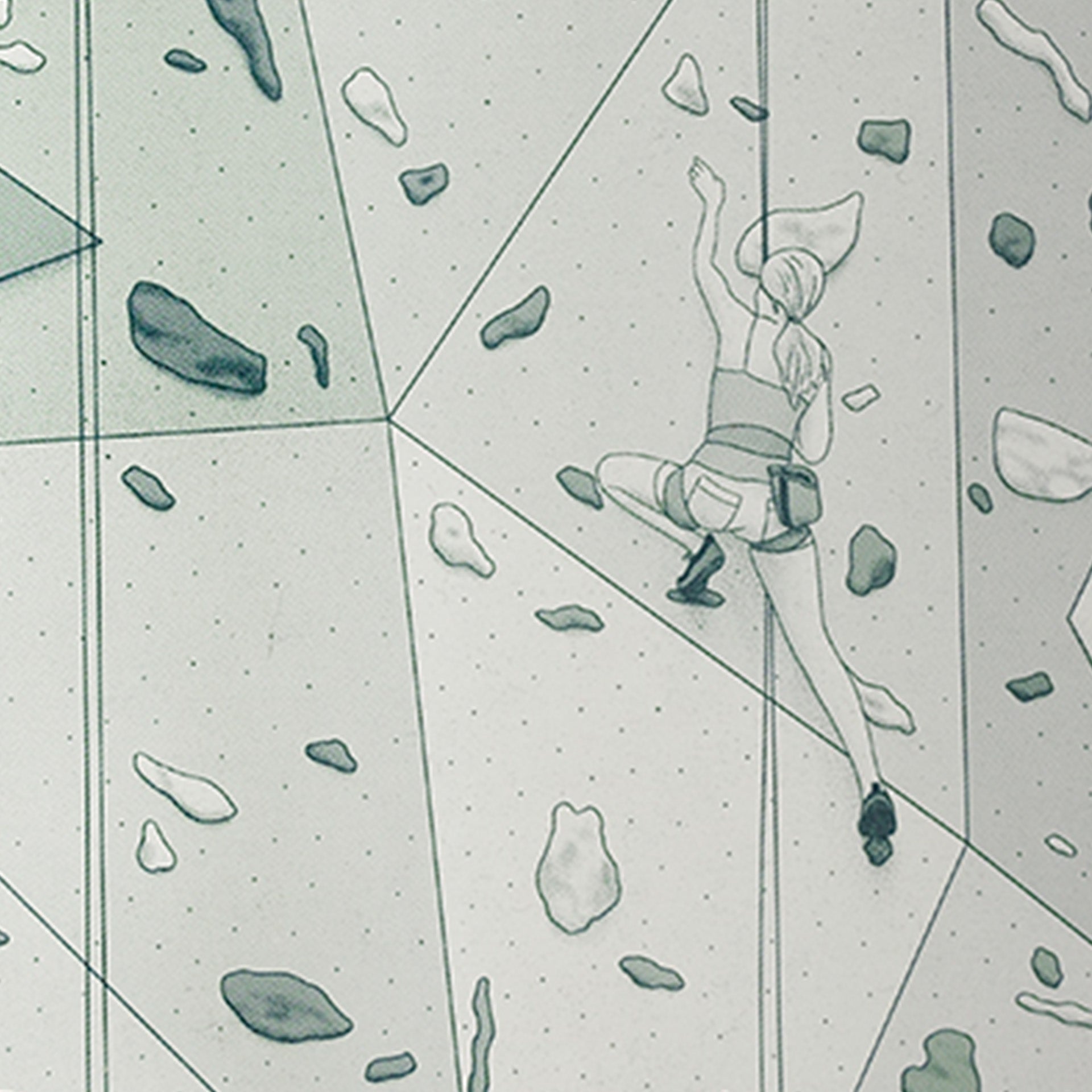An athlete on gym climbing wall printed in green