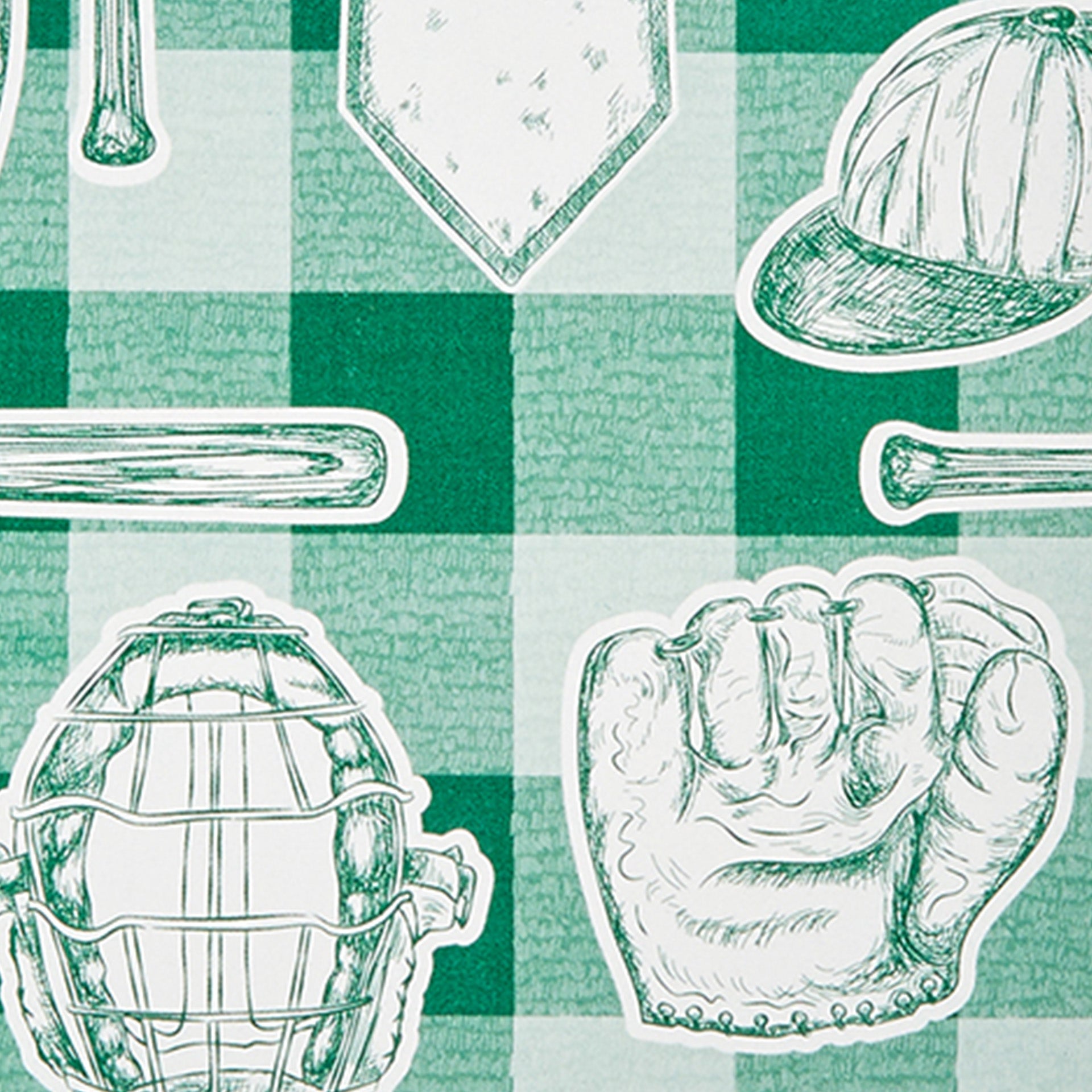 Closeup of vintage baseball gear printed in green